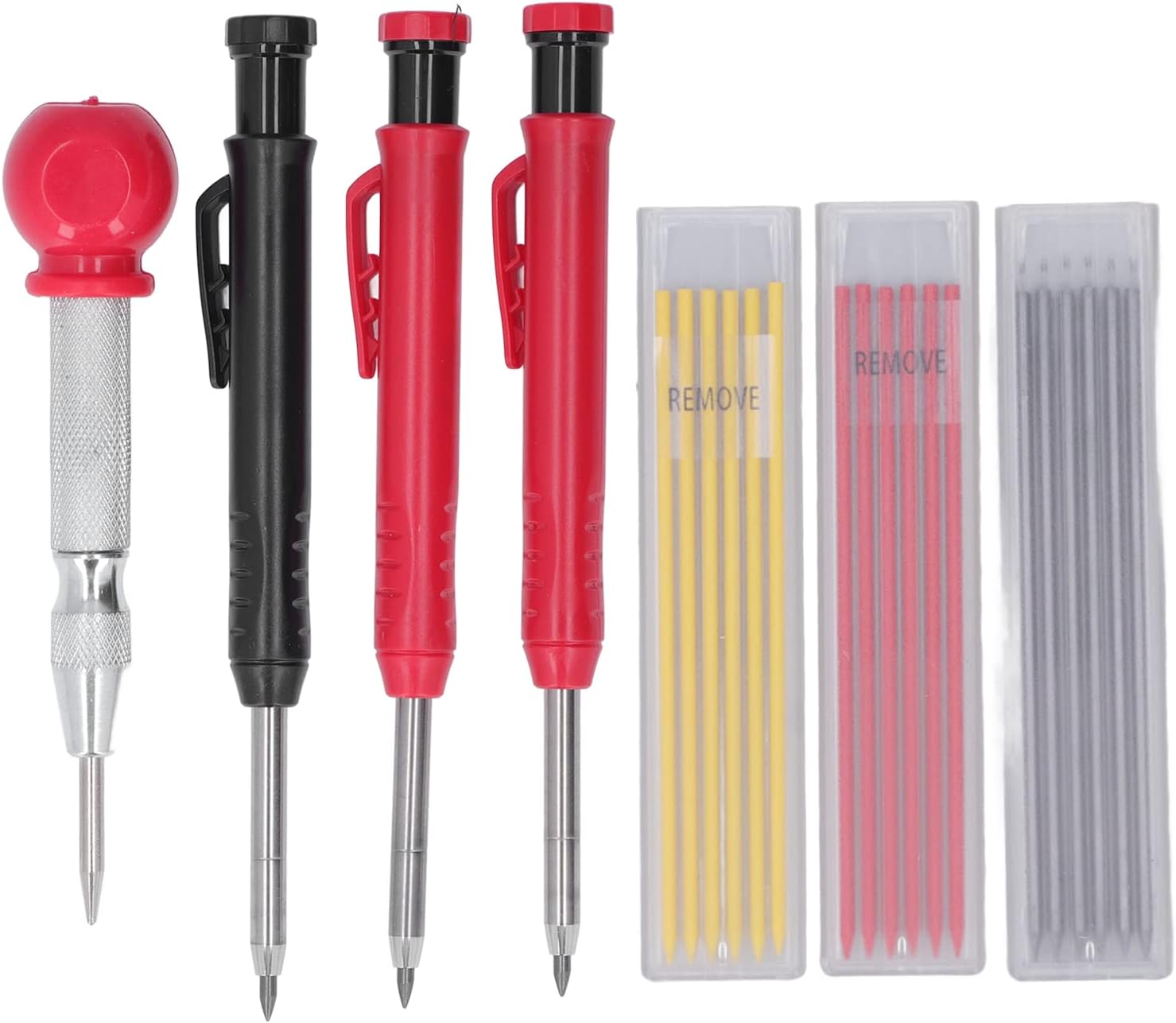 Solid Carpenter Pencil Set with Refills, Center Punch and Long Nosed Mechanical Marker, 2.8mm Red & Black Pens - Versatile Woodworking Tools for Precision Marking in Narrow Are