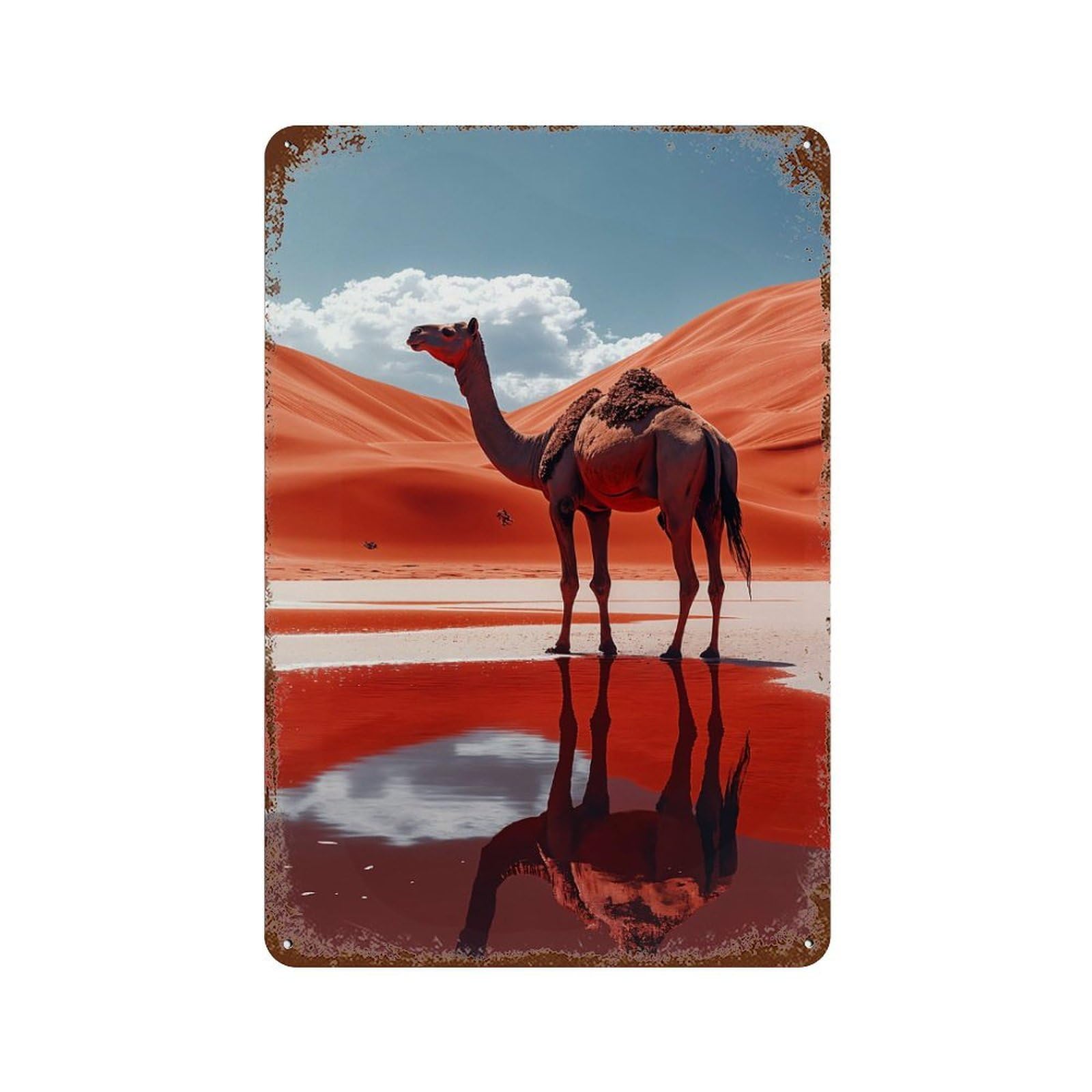Camel in Desert Oasis Reflection Rust Effect Tin Sign 11.8"x7.9", Vintage Wall Decor for Pub, Kitchen And Man Cave Decor
