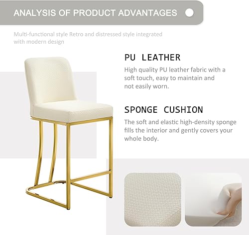 Miniatura 4 de Juego de 4 taburetes de bar de 24 pulgadas de altura de mostrador con respaldo, sillas de bar modernas de cuero para cocina con marco de hierro de