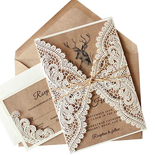 Picky Bride Rustic Vintage Lace Wedding Invitations with RSVP Cards and Envelopes, 1 Set Elegant Wedding Invitation Cards Sample