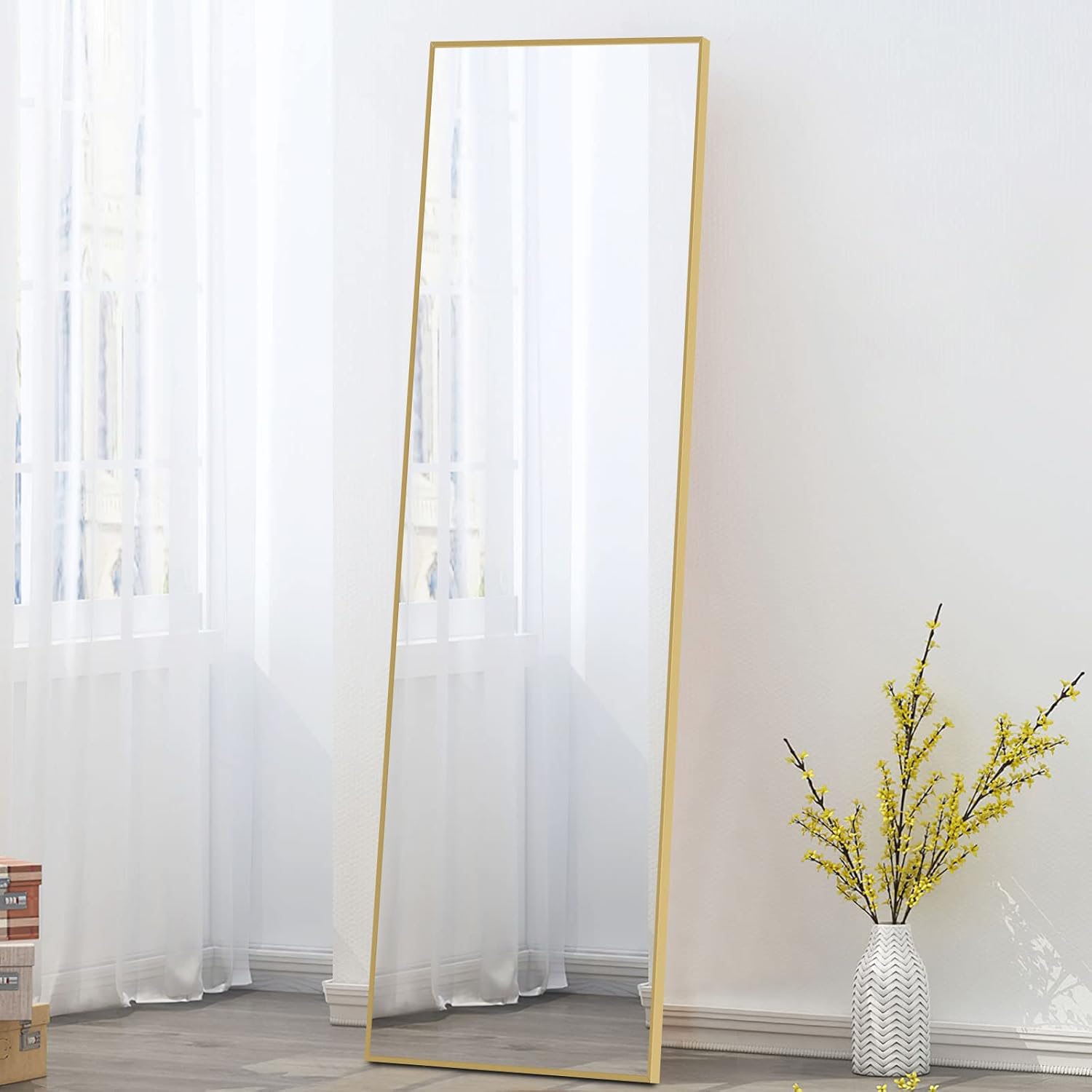 NeuType 59"x16" Full Length Mirror with Standing Holder Aluminum Alloy Frame Floor Mirror Wall-Mounted Mirror for Living Room, Bedroom, Hanging or Leaning Against Wall, Golden (with Stand)