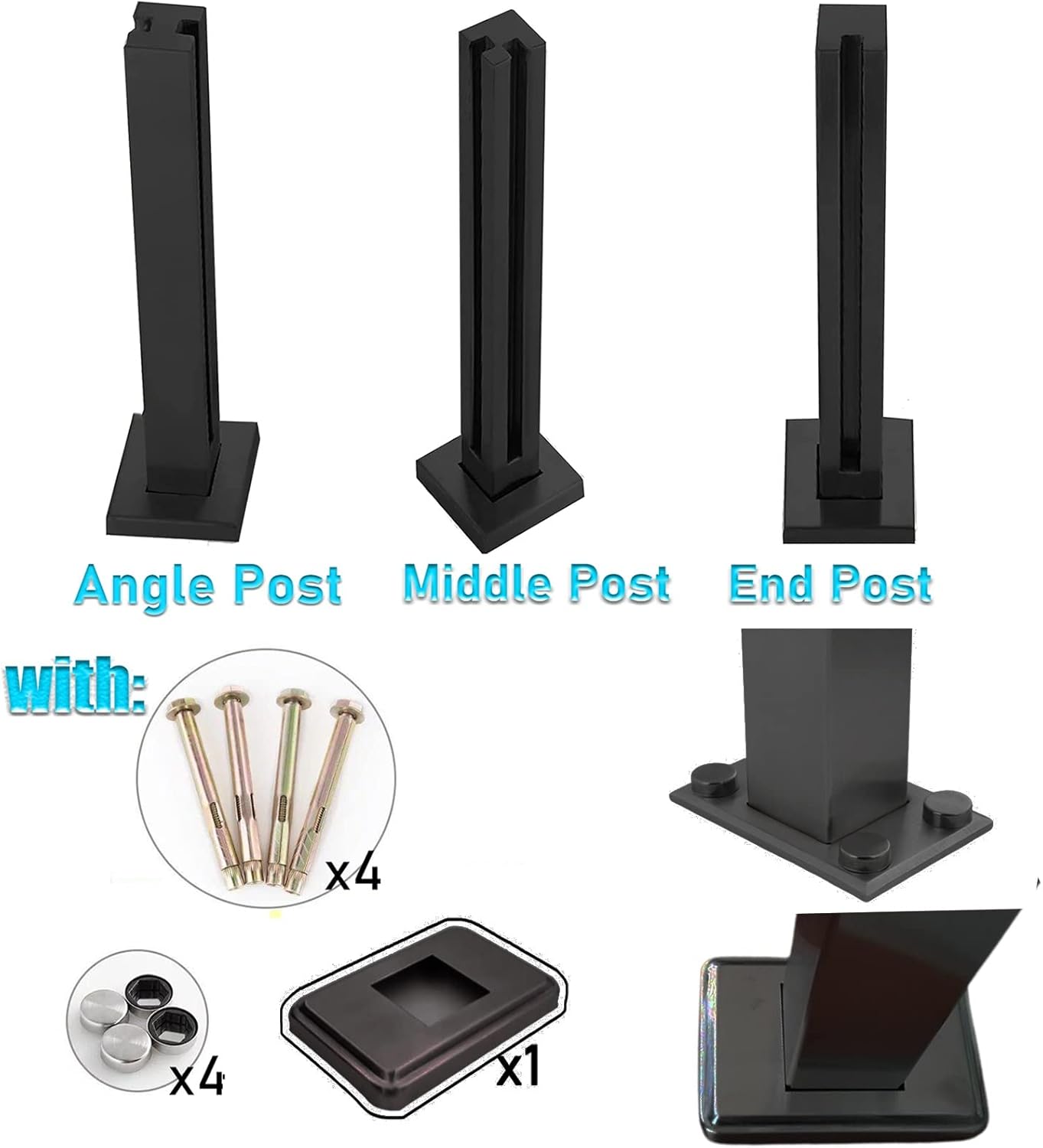 External Internal Railing Post for 3/8"-1/2" Glass/ Plastics/ PC Panels, for Garden Channel Hallway Terrace, Black Metal Railings Posts/ Tempered Glass Balustrade Column, 25 59 33 Inches Tall ( Color