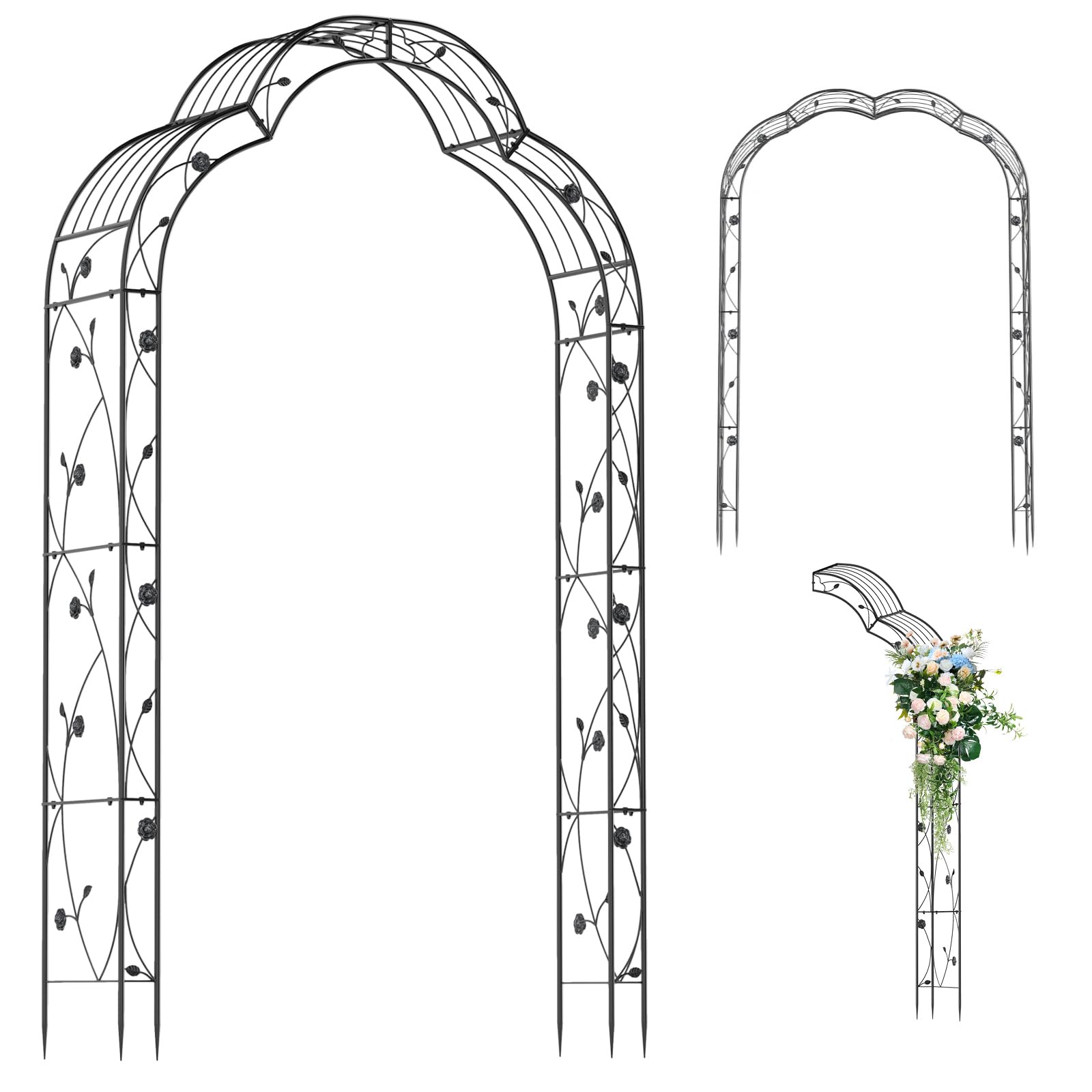TANGZON Metal Garden Arch, 2.5M Outdoor Trellis Pergola Arbour with 7 Combinations Way, 2 Half Arches, 2 Installation Methods, Heavy Duty Decorative Plant Climbing Support Stand for Wedding Party
