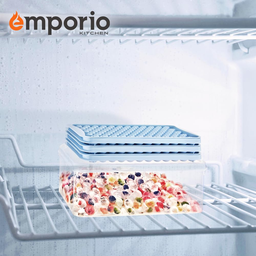 Emporio Kitchen Bandeja redonda para cubitos de hielo con tapa y cubo - Crea 99 bolas de hielo (tamaño de 1.1 pulgadas), bandejas apilables para cubitos de hielo, bolas de hielo de fácil liberación