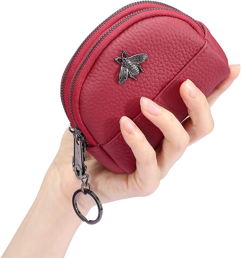 Small Bee Zipper Coin Purse Pouch Wallet Genuine Leather Change Purse Holder for Women with Keychain Ring (Wine red) - Image 5