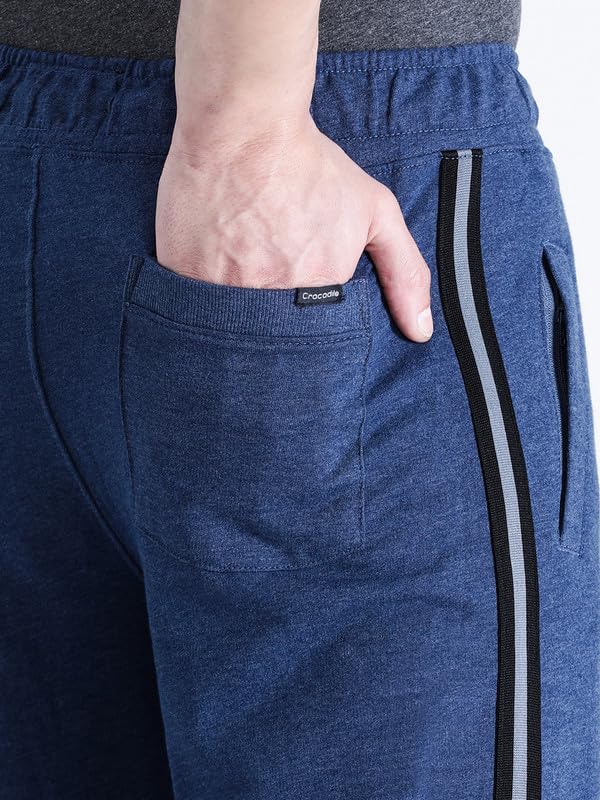 Image of CROCODILE Men Solid French Terry Joggers | Classic Fit | Mid Rise | Drawstring Closure | Ankle Length | Casual Wear Navy Melange