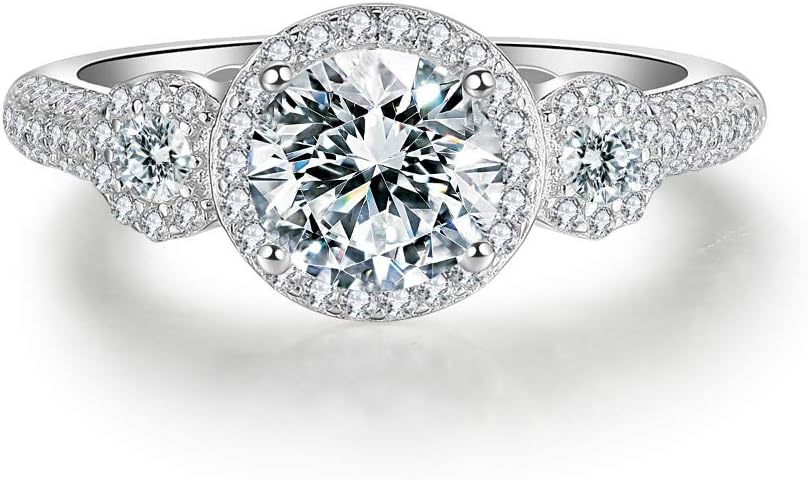 Round-cut Zircon Accented 3 Stone Engagement Ring Classic Bridal Halo Ring 925 Sterling Silver