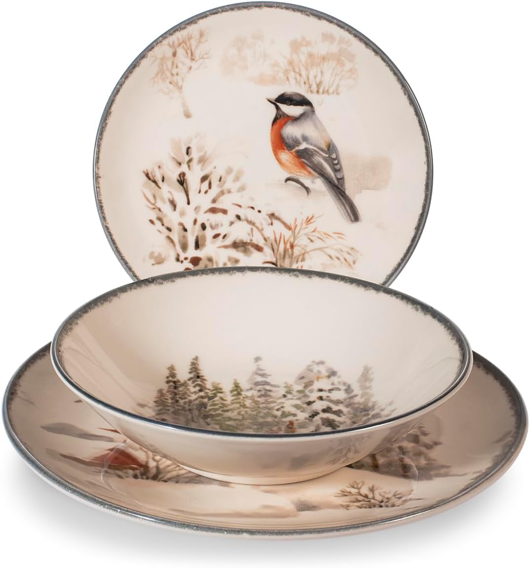 H&H Christmas Tableware Set 18-Piece "Symphony" Stoneware - Elegant Winter Tableware with Snow Landscape and Animals - Dishwasher & Microwave Safe