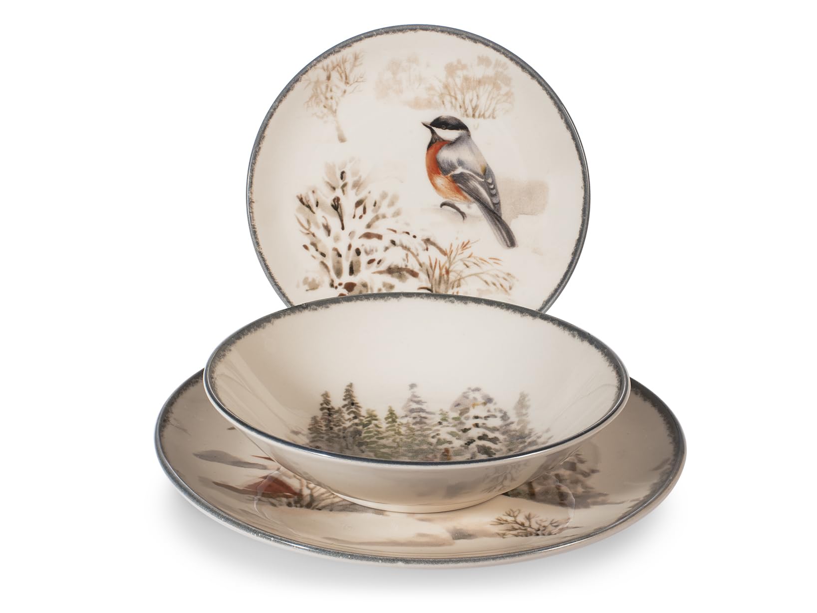 H&H Service de Table Noël 18 Pièces Symphony en Grès - Assiettes Plates, Creuses et à Dessert - Décorations Hivernales Élégantes avec Baies et Animaux, Idéal pour Noël et Fêtes de Fin d'Année
