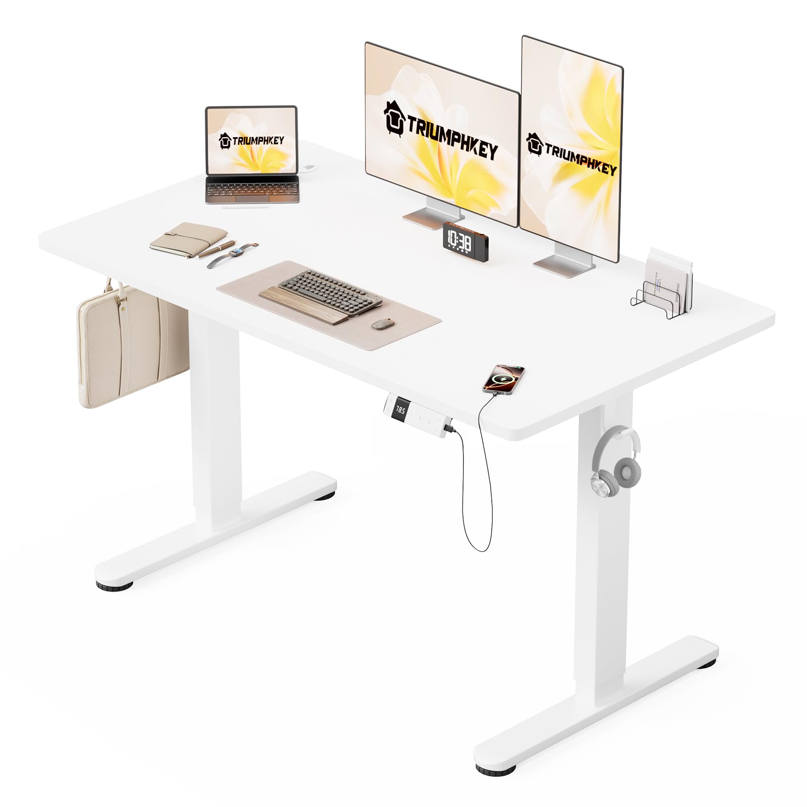 TRIUMPHKEY Scrivania Regolabile in Altezza Elettrica 140 x 80cm,Scrivania multifunzione per computer,3 Altezze di Memoria 72 118 cm,con Porta di Ricarica USB,Standing Desk,per Ufficio