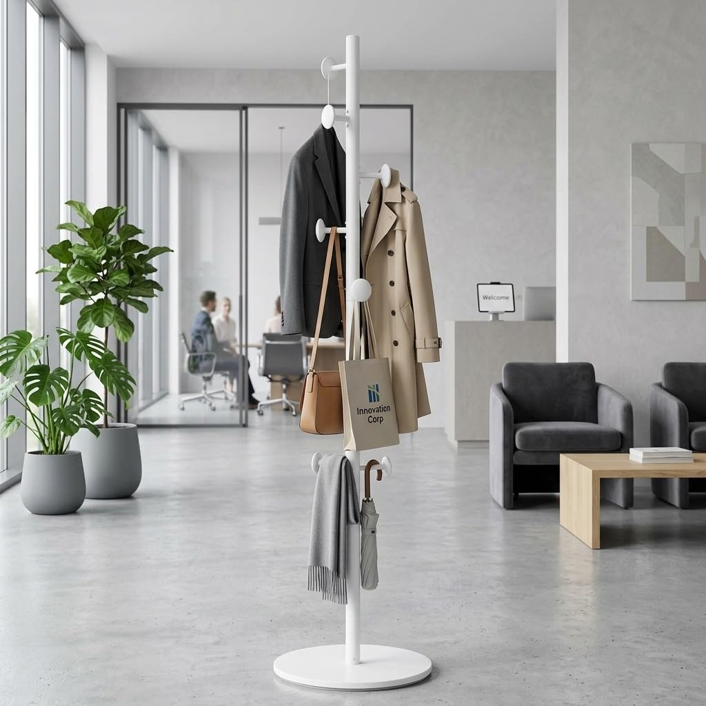 MAKA Appendiabiti da Terra Jerry Bianco in Metallo Alto 173 cm, Attaccapanni Piantana Moderno Minimalista con Base Circolare da 37 cm e Ganci su Più Livelli per Giacche Cappotti Borse, 37x37x173 cm