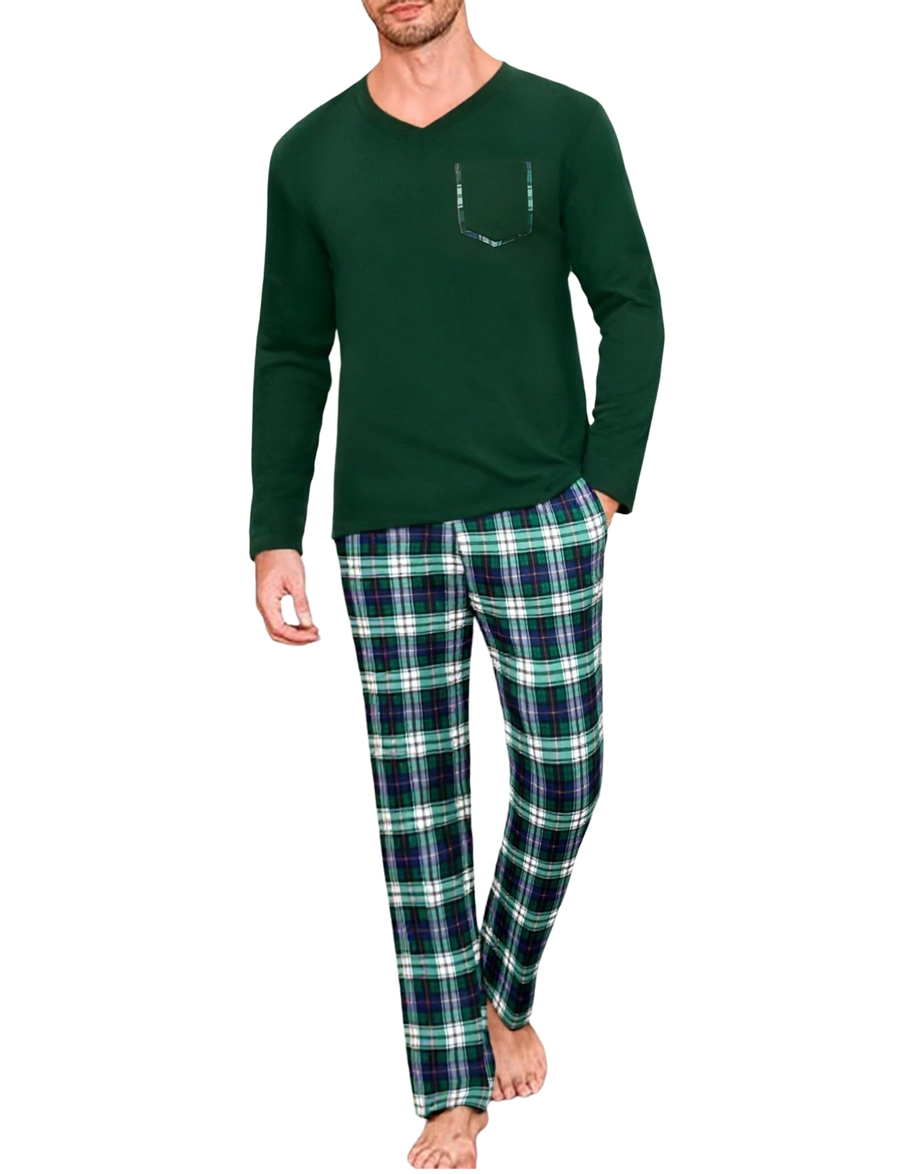 Men's Long Checked Pyjama Set Two Piece Sleepwear V-Neck Long Sleeve Top and Pyjama Bottoms Sleepwear Pyjamas for Men-image-28