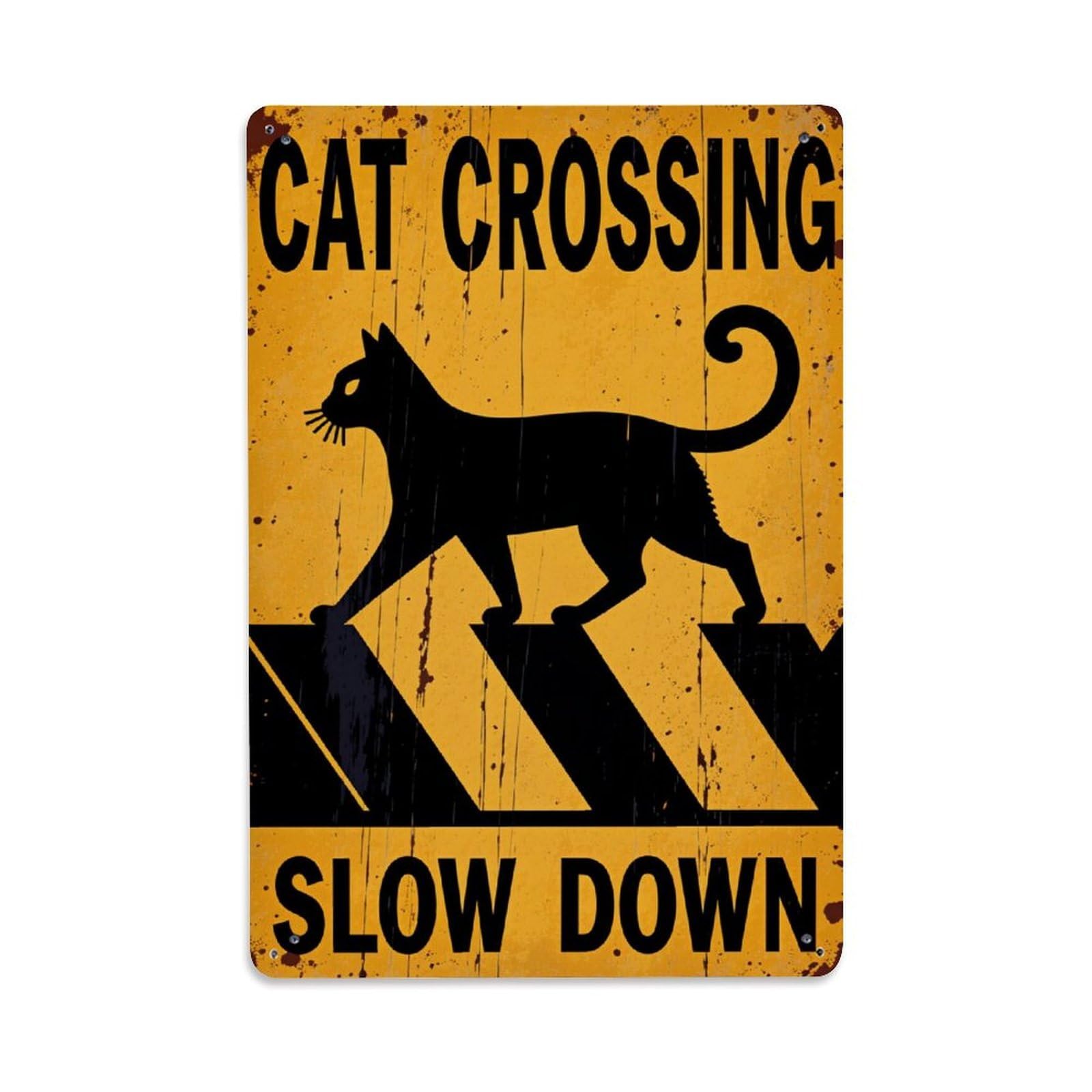 Cat Crossing Slow Down Vintage Tin Sign Retro Metal Wall Decor Metal Poster, Home Bar Garage Farmhouse Cafe Wall Art Decoration 8x12Inches