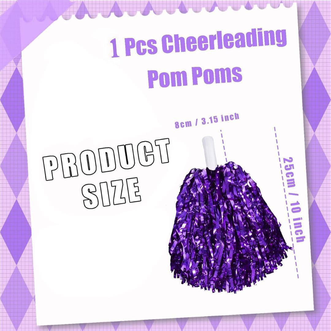 Wanna Party Cheerleading Metallic Foil Pom Poms with Baton Handle for Game Sports Squads Dancing Party Football Basketball Club Spirit Sports Stage Performance Celebration- Purple-1 Pc