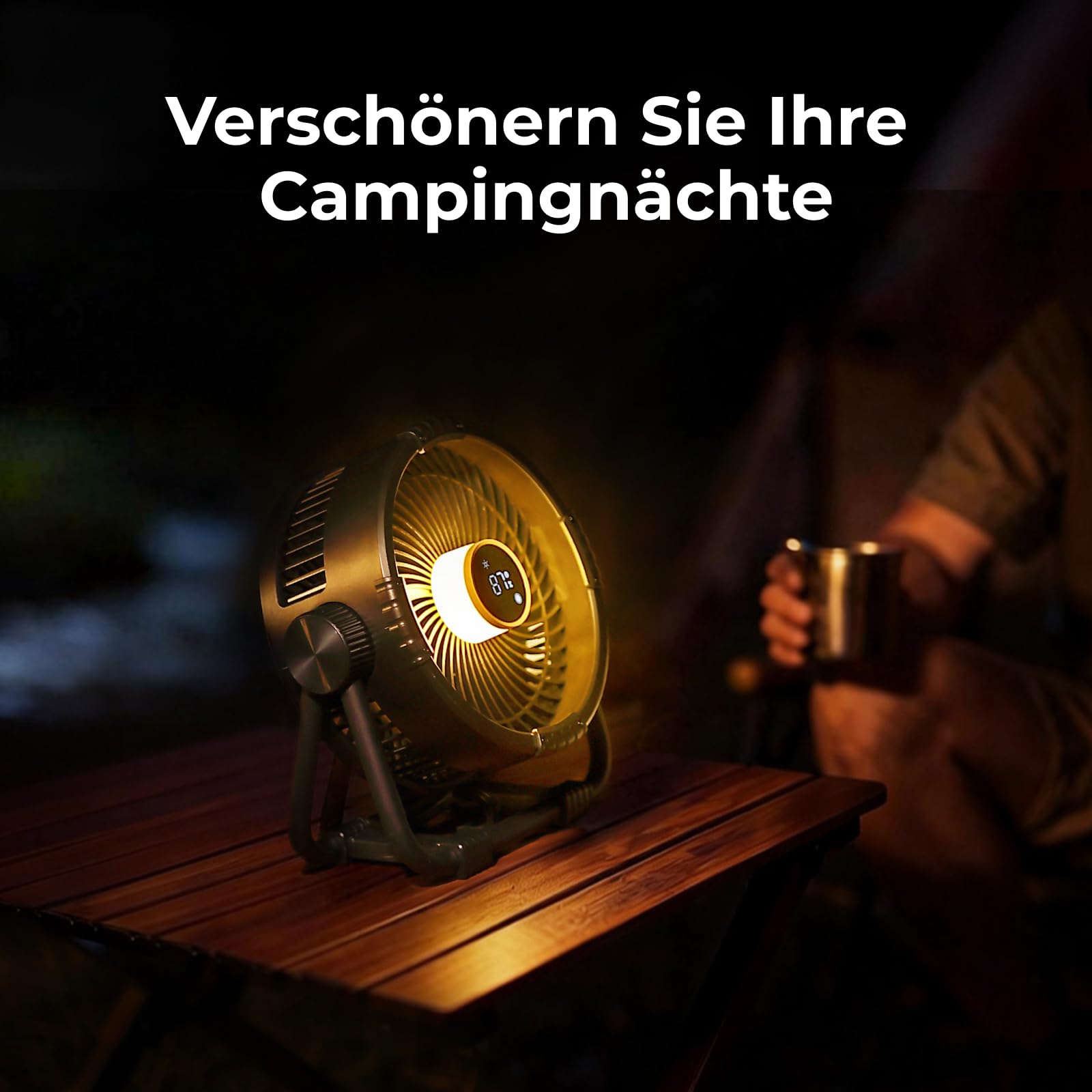 BougeRV F01 Camping Ventilator Akku 33,5 Std. Metallständer 5,4 m/s Schwarz | 20000mAh, Leise im Betrieb mit Licht, Timer, App-Steuerung & Haken Tragbarer Tischventilator für Zelt, Reisen & Tisch