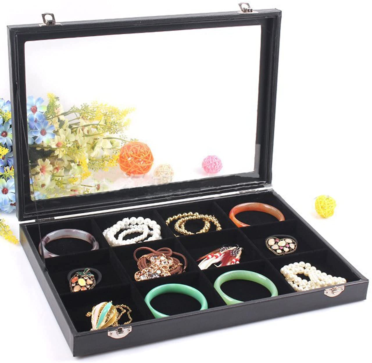 Padom Removable Jewelry Tray Showcase Display Stackable for Earrings Brooch Buttons Rings, necklace Black Velvet (12 Grids)
