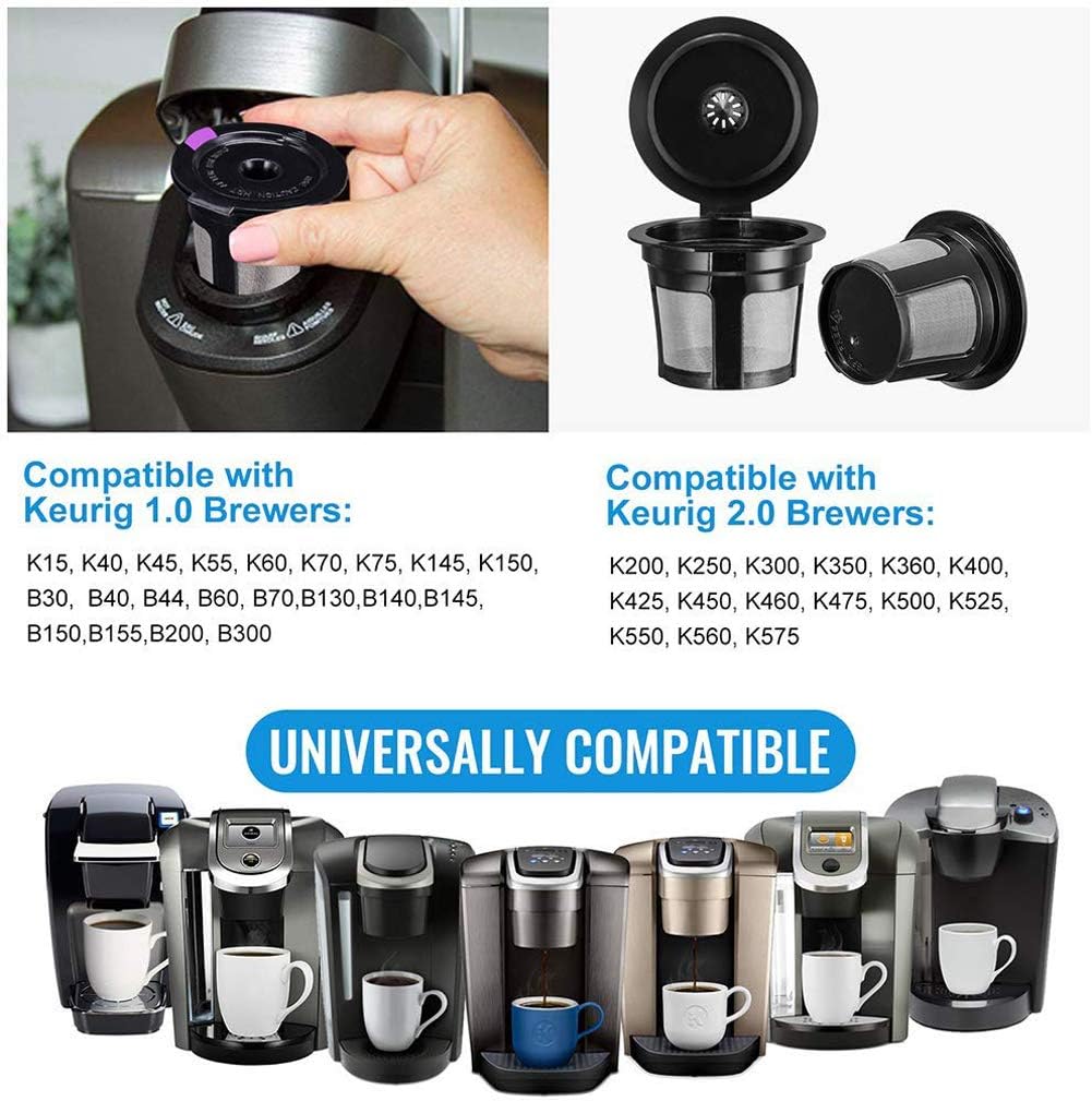 Emoly Reusable K Cups, 6 Pack Universal Fit Reusable Coffee Filters with Food Grade Stainless Steel Mesh Eco-Friendly Filter for Keurig 1.0 and 2.0 Brewers，Mini Plus （Black）