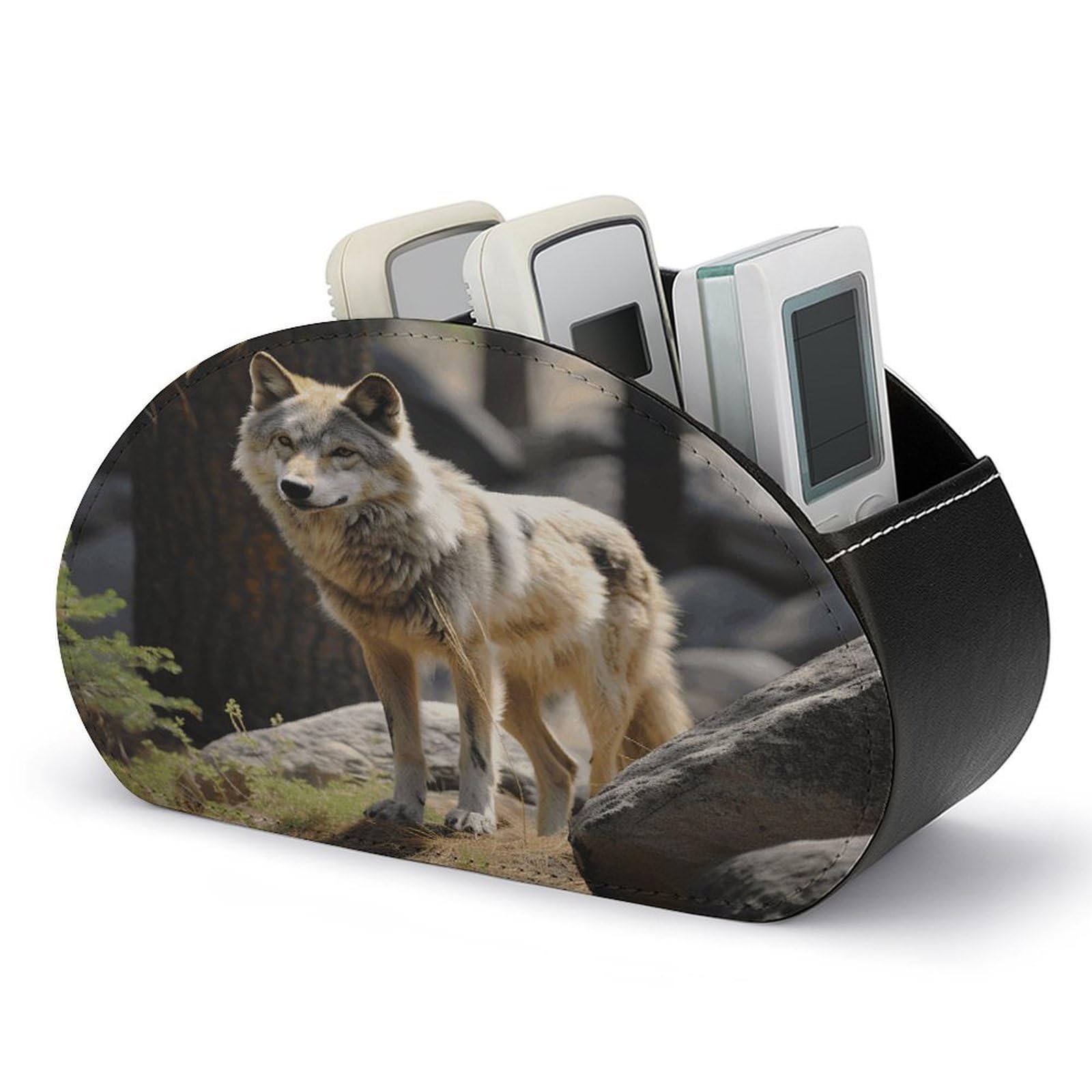 FekiLoot Leather TV Remote Control Holder with 5 Compartments Multifunctional TV Remote Holder Bedside Table Remote Caddy Storage Box Wildlife Wolf Remote Organizer for Home Office