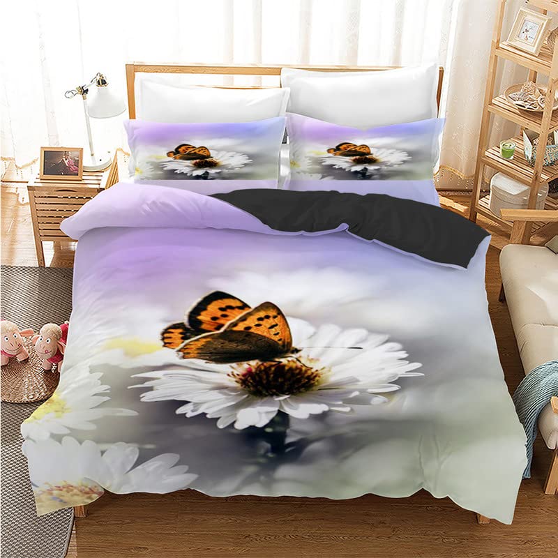 Housse de couette 160x200 papillon gris avec fermeture éclair pour un lit facile à faire