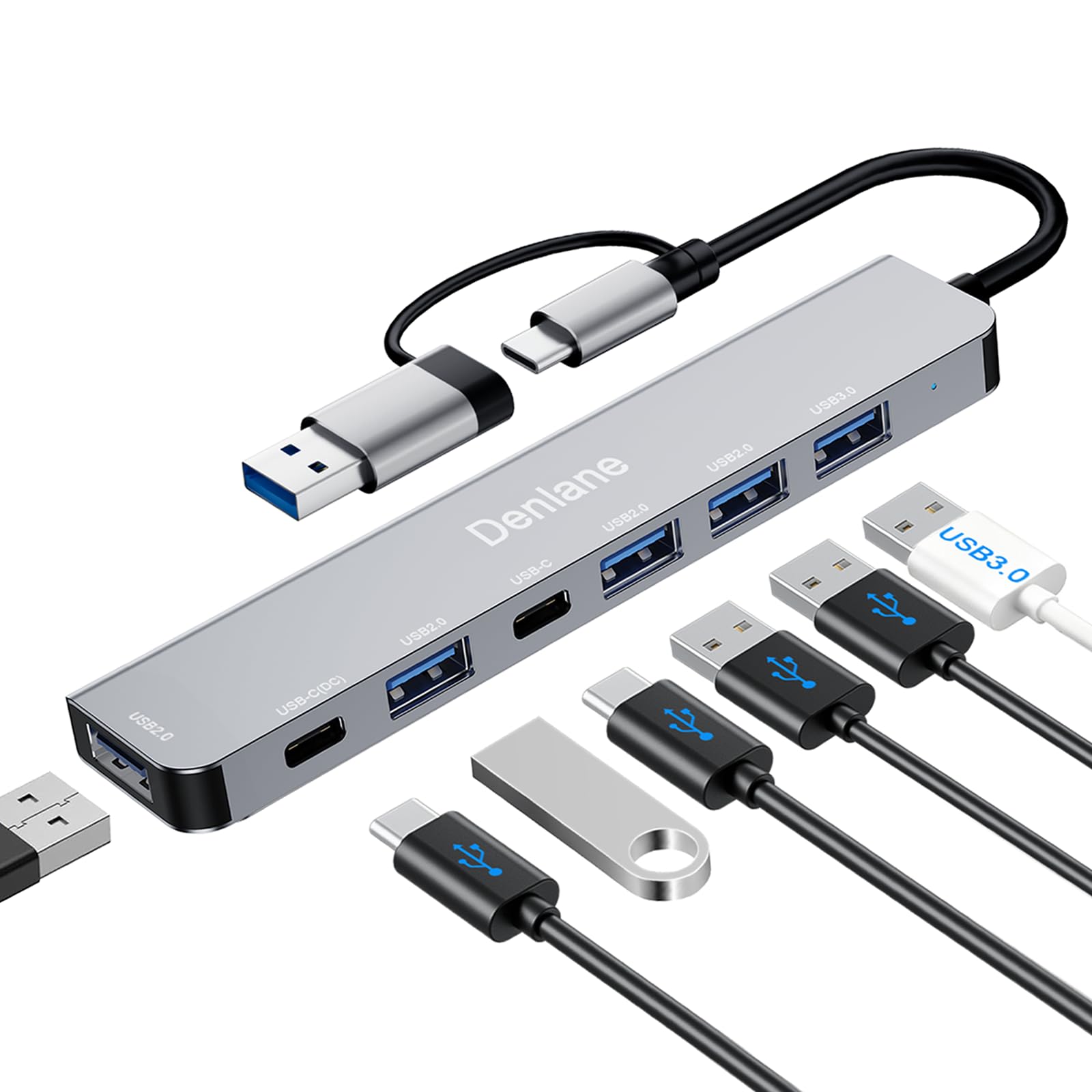 Denlane USB C Hub USB Hub 3.0 for Laptop, Upgrade 7 in 2 USB Splitter with USB-C & Multiport USB A Port Extender, USBC USB2.0 Dongle for PC/Computer/Laptop, Type C Mac/MacBook/Air/Pro/iPad/Tablet