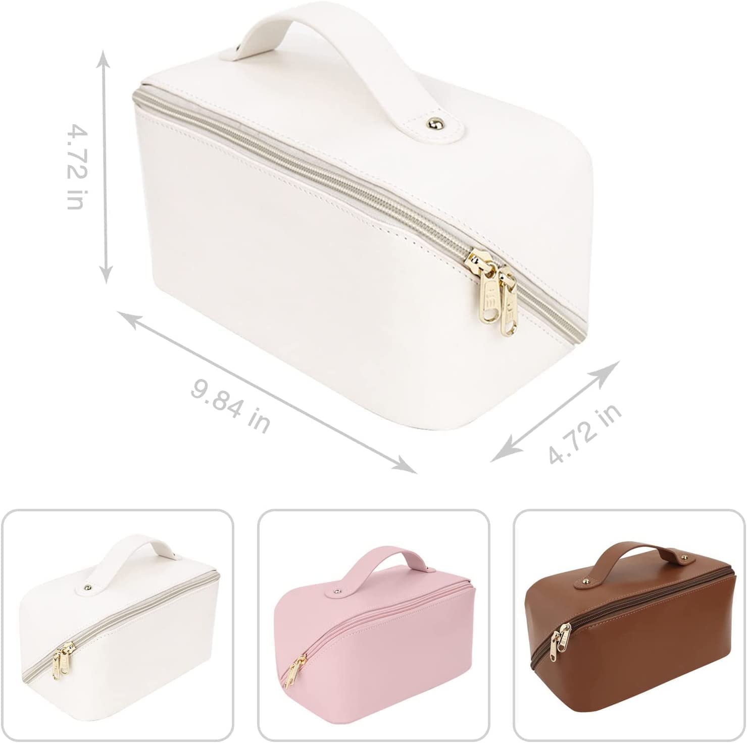 W2S Large Capacity Cosmetic Travel Bag, Women's Makeup Travel Accessory, Cosmetic Bag Portable Leather, Makeup Bags with Handle & Divider, Wide Opening Cosmetic/Makeup Organizer (White)