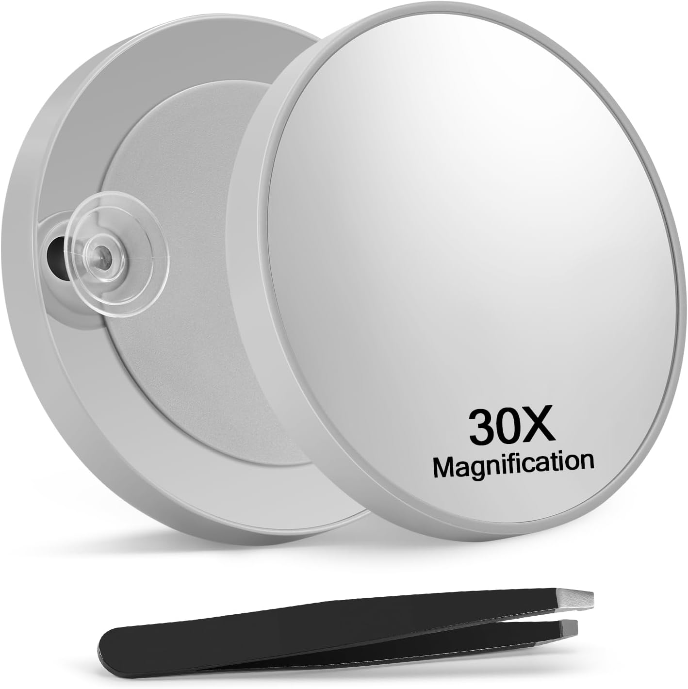 Macaki 30X Magnifying Mirror with 2 Suction Cups, 3.5 inches Magnified Makeup Mirror and Slant Tweezers,Grey,1PC