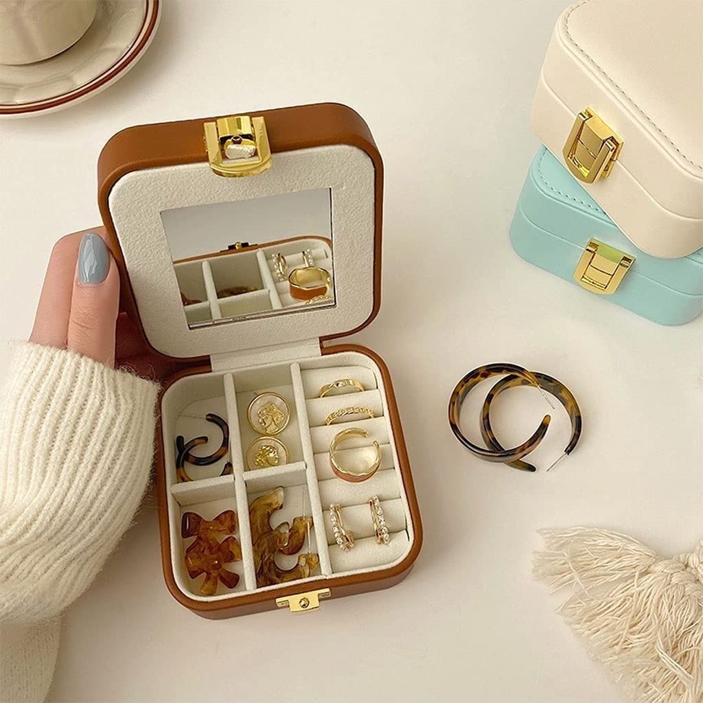 Habrur Schmuckbox Schmuckkästchen Schmuckschatulle Kleine Schmuckschatulle Quadratisches Schmuckkästchen mit Spiegel High-End-Leder-Reise-Schmuck-Aufbewahrungsbox Schmuckkasten (Blue : Bronze)