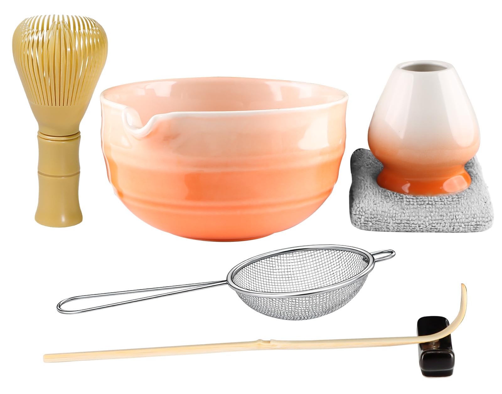 7Pcs Matcha Set, Matcha Whisk Set - Whisk Plastic Whisk, Whisk Holder, Matcha Bowl with Pouring Spout, Scoop, Sifter, Absorbent Cloth, Japanese Tea Ceremony Set for Home Use or Gift, Gradient Orange