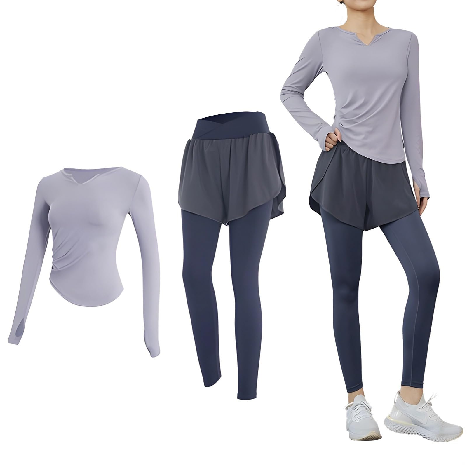 Ensemble de pilates pour femme, vêtements de sport noirs, haut à manches longues et short ou leggings, mélange polyester-élasthanne