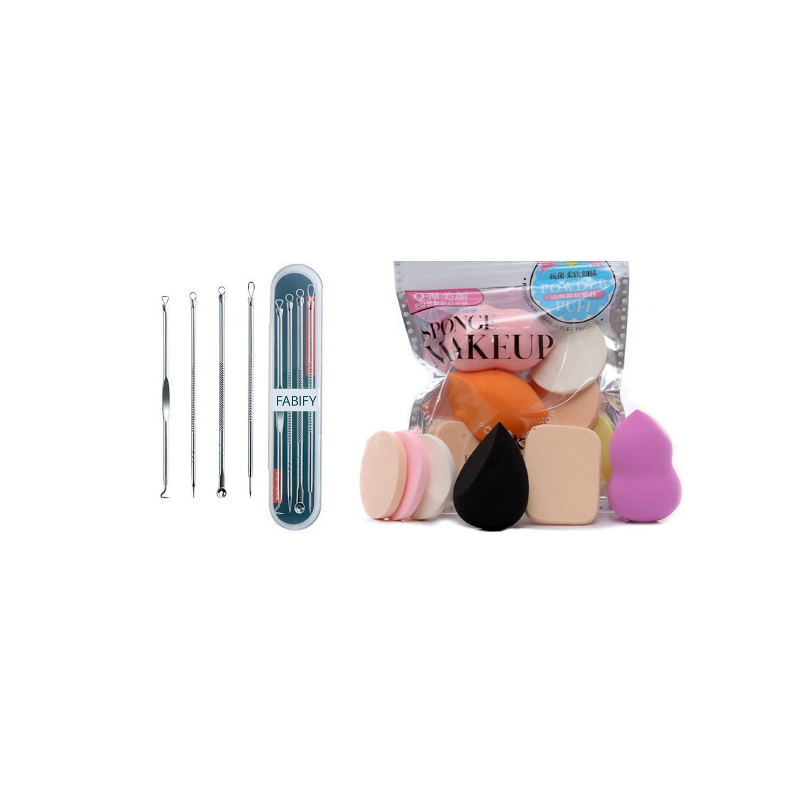 FABify 10‑in‑1 Beauty Toolkit | 4‑Pc Stainless‑Steel Black & Whitehead Extractor Needles + 6‑in‑1 Multicolour Makeup Blender Puffs | Anti‑Slip Handles, Reusable, Travel‑Friendly Skincare & Cosmetic Set