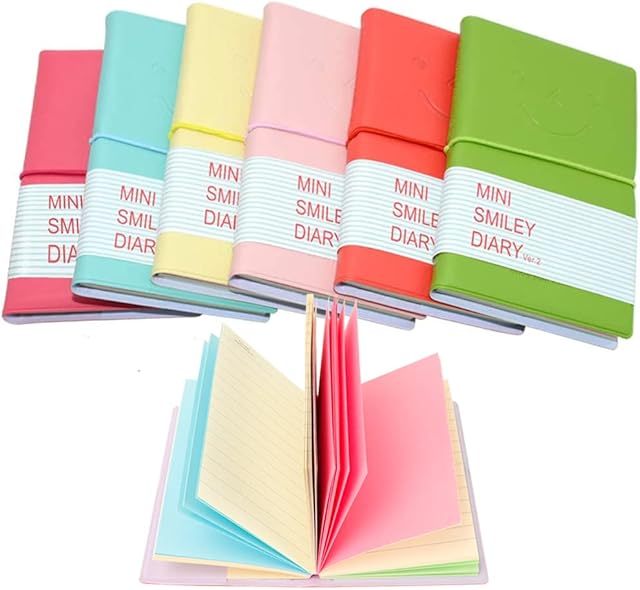 QUMENEY 6PCS Pocket Notebook, Super Mini Portable Smiley Diary Notepads Memo with PU Leather Case, Blank Pages Easy to Tear Off, 13 x 8cm/ 5.12 x 3inch, 100 Sheets (6 Colors) (medium)