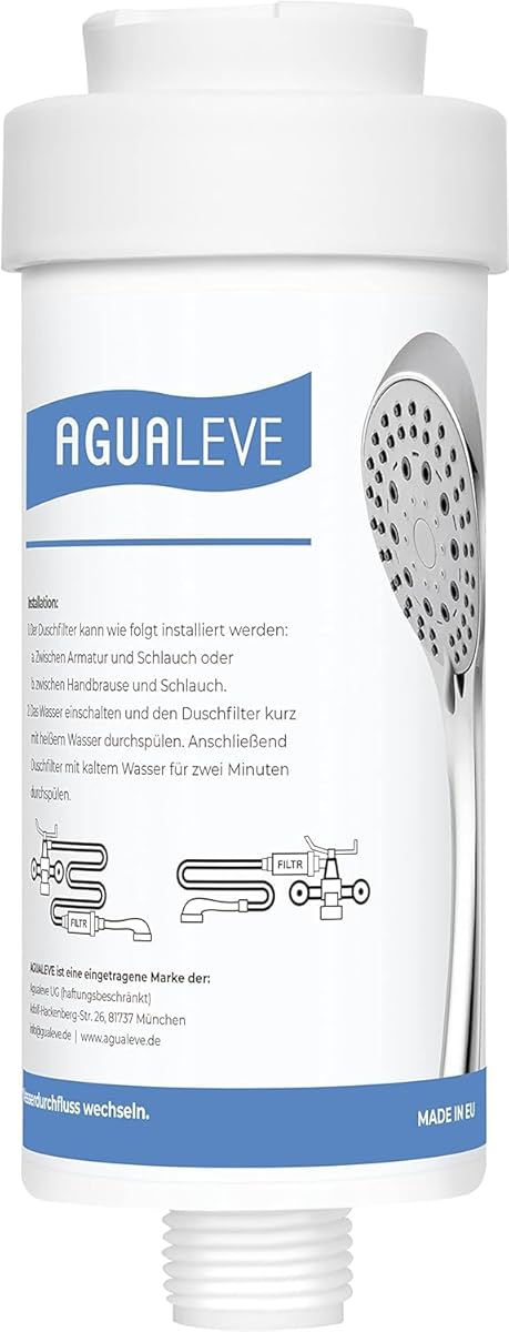 AGUALEVE® Duschfilter - Wasserfilter Dusche | in weiß | gegen Kalk, Schwermetalle, Chlor, Schmutz, wirkt bakteriostatisch | schönere Haut & Haare | Markenqualität Made in EU