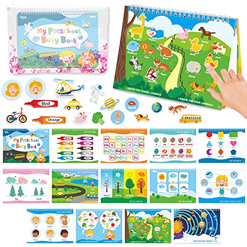 Kids Educational Toys Busy Board Busy Book, [15 Themes] Preschool Toddler Learning Quiet Book, Reusable Velcro Activity Board for 3+ Yrs Kids, Sturdy Sensory Montessori Busy Book [Waterproof Reusable]