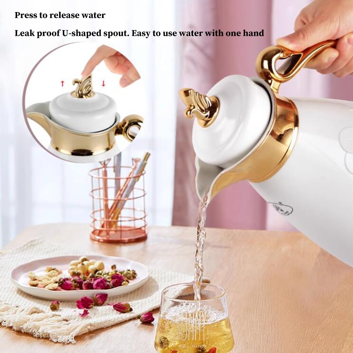 Izolowana karafka do kawy 1 l / 970 ml izolowana próżniowo termos termos karafki do kawy z wylewką szklana wkładka do herbaty kawy wody ze złotą pokrywką uchwyt w kształcie łabędzia
