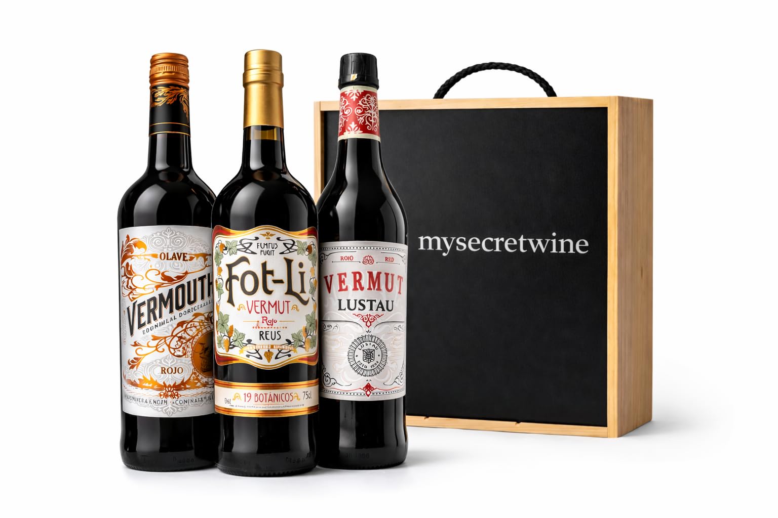 Pack Degustación 3 Vermuts Premium (Olave, Fot-Li Reus y Lustau) 75cl + Caja de Madera Regalo | Selección Vermut Rojo Gourmet