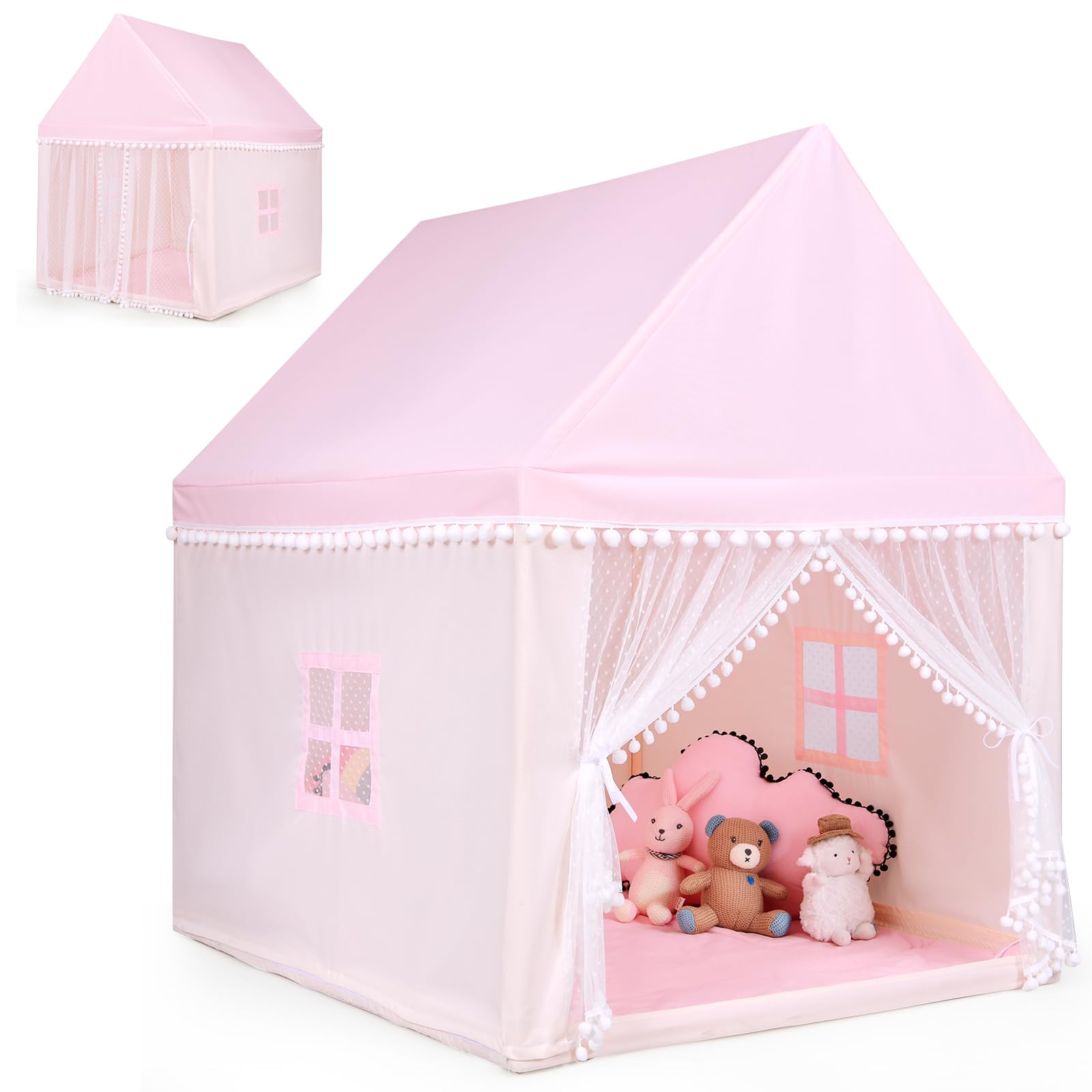 HOMASIS Kinderzelt für Indoor, Kinderspielhaus mit Matte & Fenstern & Holzrahmen & Vorhang, Kinder Spielzelt Prinzessin für Mädchen & Jungen, Bettzelt Tipi Zelt 105x120x140 cm (Modell 1-Pink)