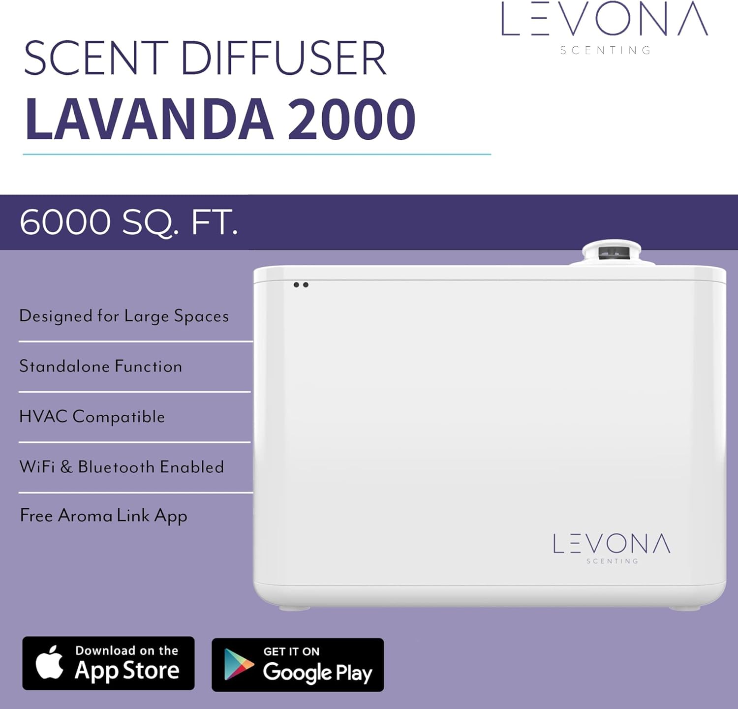 Levona Scent Lavanda 2000 HVAC Diffuser – Whole House Aroma Diffuser & Fragrance Air Freshener Machine for Home, Office & Hotel – Smart App Controlled – Covers up to 6000 SQFT (Scent Not Included) - Image 3