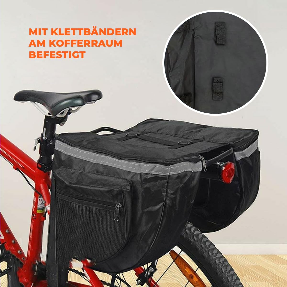 Sacoche arrière pour vélo 45L – Double sacoche imperméable avec fermeture éclair – Sac de rangement noir 37x30x26 cm avec poche latérale supplémentaire et poignée de transport