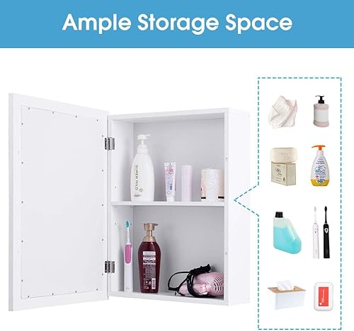 Miniatura 7 de GOFLAME Botiquín de baño, armario de almacenamiento con espejo de montaje en pared con una sola puerta y estante ajustable, organizador de madera