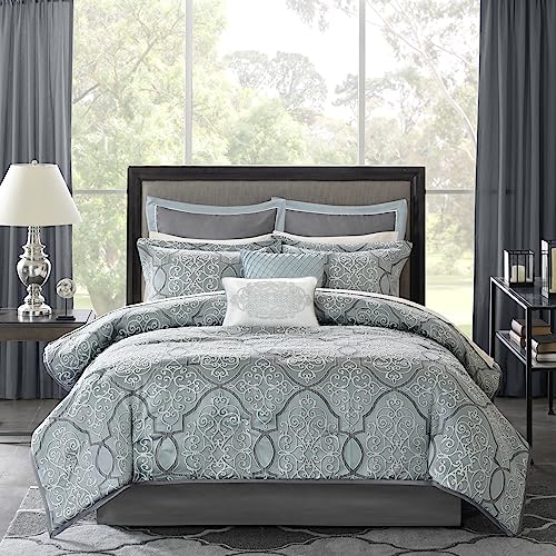 Madison Park Lavine Cozy Bed In A Bag Comforter Set, Traditional Luxe Jacquard Design All Season Down Alternative Bedding With Cotton Bed Sheets, Bed Skirt & Pillows, California King Blue 12 Piece #TOP2