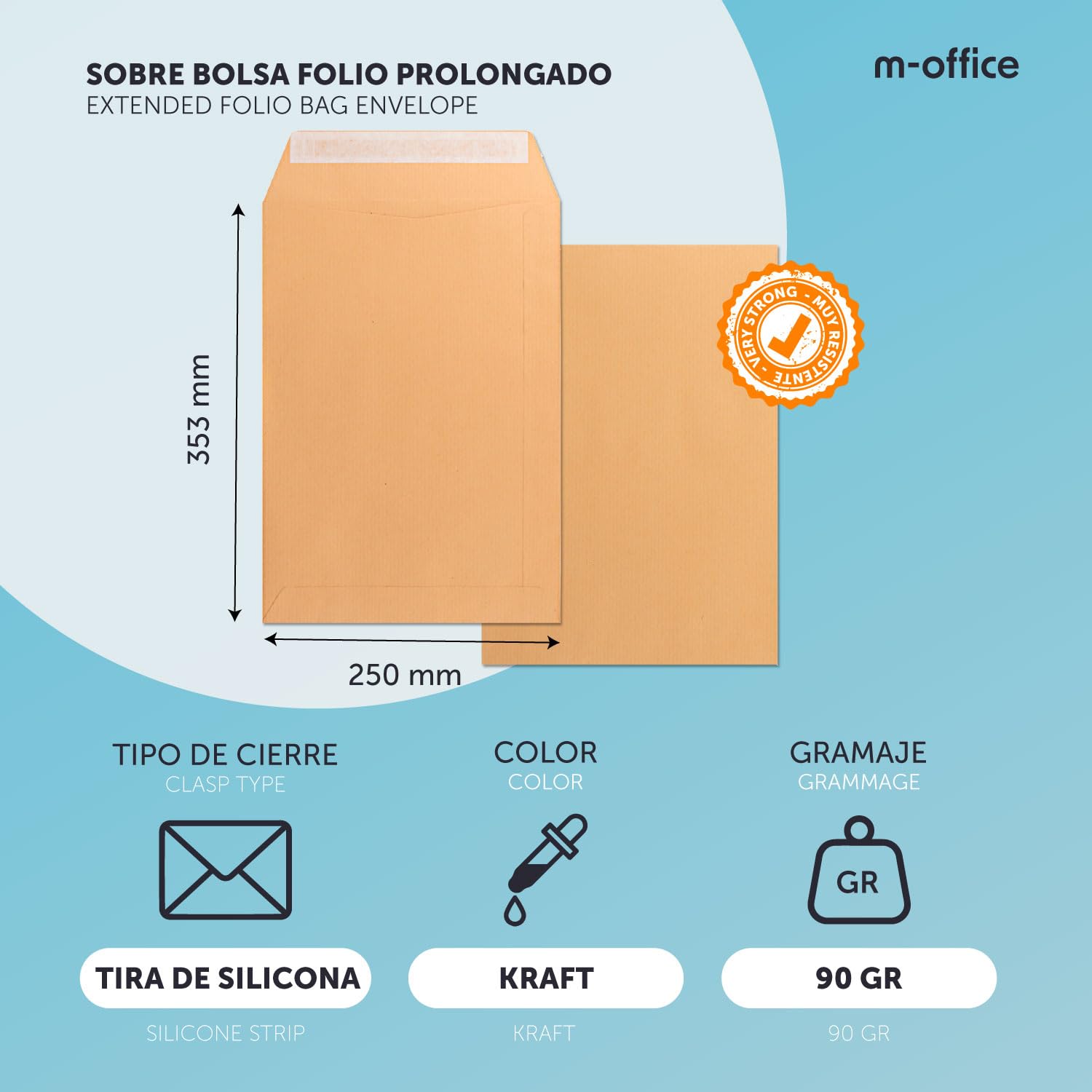 Koperty papierowe, na papierze siarczanowym, wymiary foliowe wydłużone 250 x 353 mm, koperta papierowa z zamknięciem silikonowy pasek do zaproszeń, wysyłki lub przechowywania · m-office (500 sztuk
