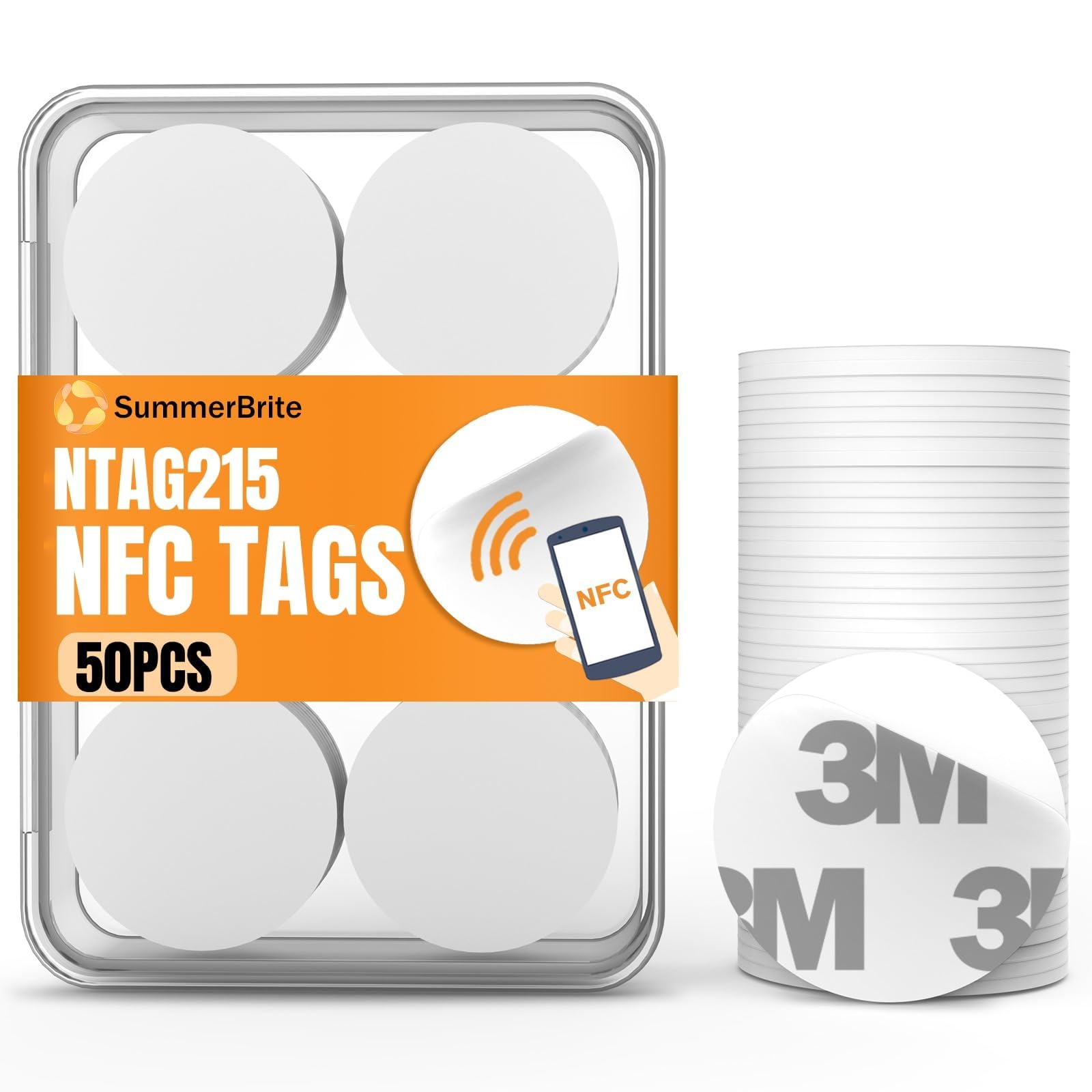 Summerbrite 50 Pcs NFC Tags NTAG215 Blank NFC Cards Stickers, Rewritable Programmable NFC 215 Chip NFC Coins with Adhesive Back, 504 Bytes Memory,