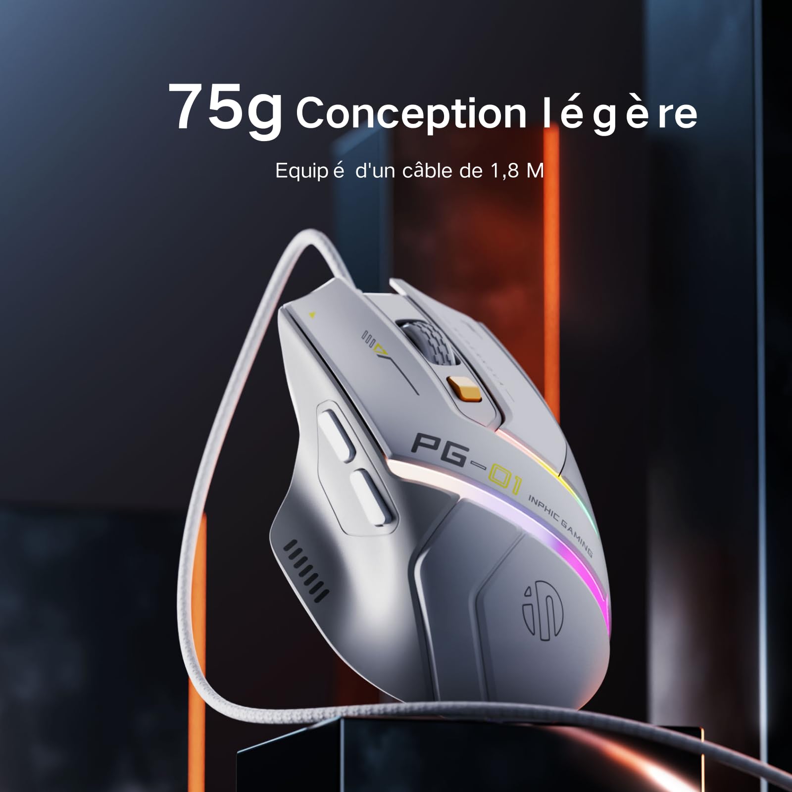 Souris gaming filaire, 12800 DPI réglables, 6 boutons programmables, 12 boutons RGB respirants, souris de jeu optique USB ergonomique, PC, ordinateurs portables et ordinateurs de bureau (blanc)