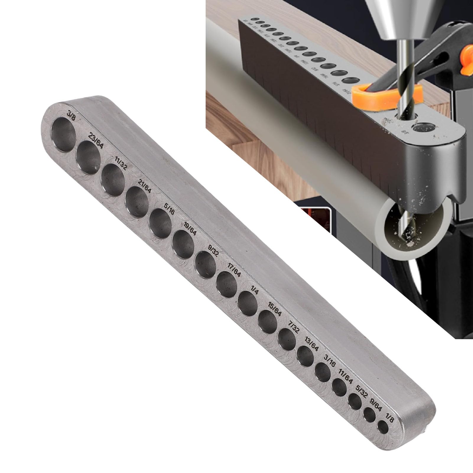 Drill Bit Guide,Aluminum Alloy Precision Drill Jig Block for Straight Holes 17 Drill Sizes 0.32 to 0.95cm Portable Metal Drilling Tool for Woodworking and DIY Projects