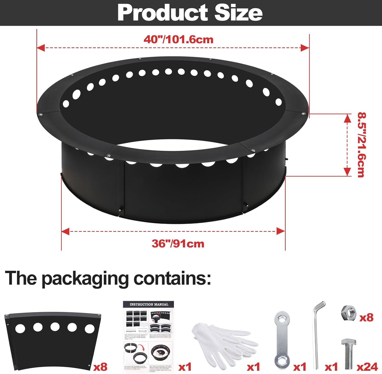 Outdoor Smokeless Fire Pit Ring 40 Inch Outer/36 Inch Inner Diameter, Heavy Duty Metal Round Liner Insert for Outside DIY Campfire or Bonfire Ring, Above or In Ground Use