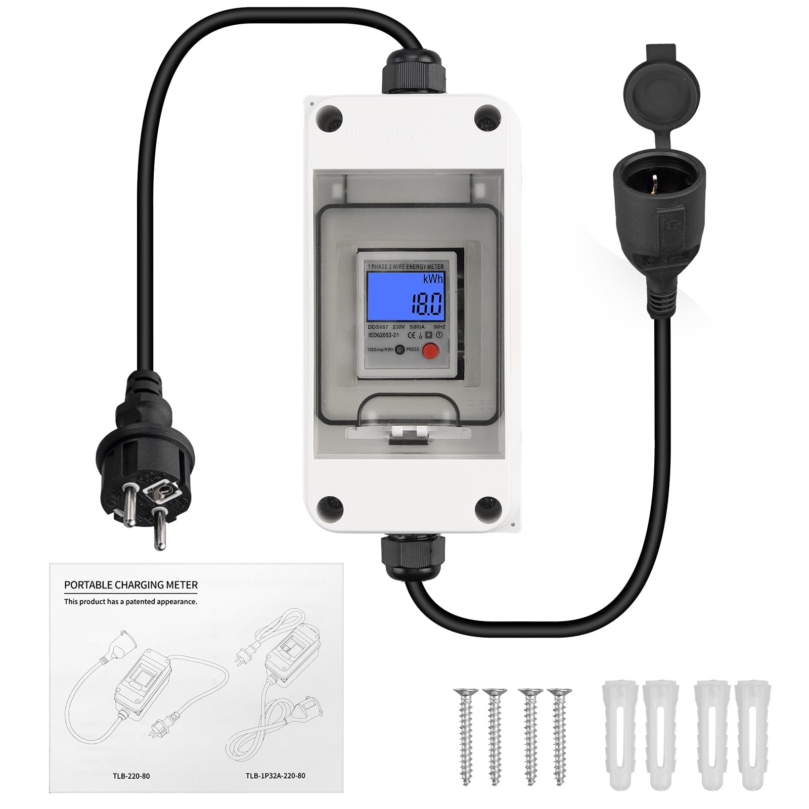 EYPINS Mobilny cyfrowy licznik prądu 80 A, 230 V, outdoorowy, mobilny miernik KWH, wodoszczelność IP65, przenośny licznik prądu LED z resetem, wtyczka SK, sprzęgło SK, do samochodów kempingowych