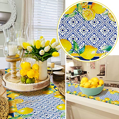 Whomeaf Summer Lemon Placemat Cyan-Blue Tile Ice Burlap Washable Artificial Lemon Fruits Place Mats Farmhouse Seasonal Kitchen Dining Table Top Decor For Couple Home Party Indoor Outdoor 12 X 18 Inch #TOP3