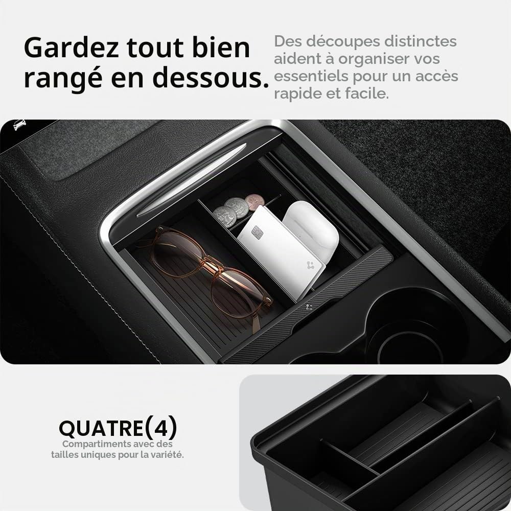 Spigen Tesla Model Y (~2024) Model 3 (2021-2023) Organiseur Console Centrale [Technologie Coulisser], Plateau de Rangement pour Console Centrale, Accessoire Tesla - Édition Carbone