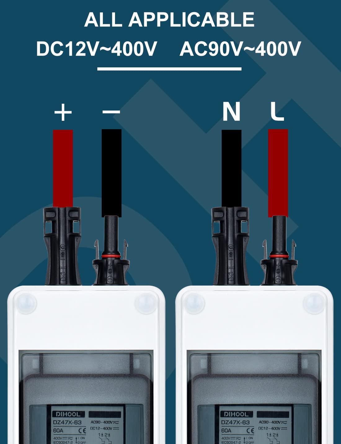 DC Trennschalter PV Anlage Leitungsschutzschalter Sicherungsautomat 2 Polig 60A 12V (12V-400V) Mit Kabel Solarstecker IP65 Wasserdicht Gehäuse