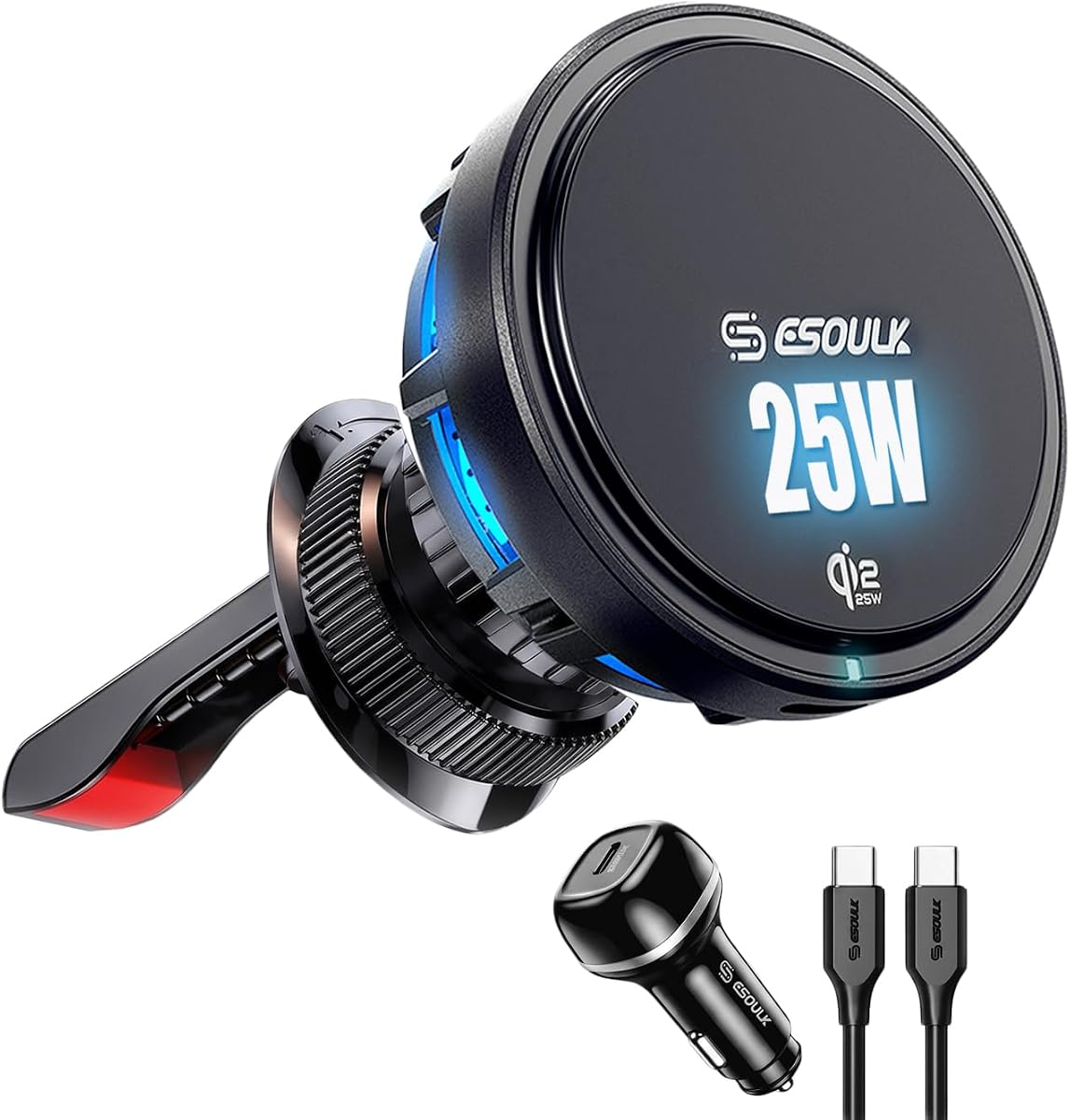 25W que enfría el soporte inalámbrico magnético del teléfono de la salida de aire del cargador para el coche | Carga inalámbrica rápida de 25 W con ventilador de refrigeración incorporado, soporte de ventilación seguro, ángulos de visión flexibles, adaptador de 45 W incluido